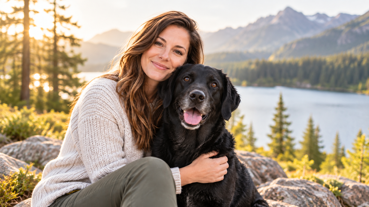 Woman with a black dog by a mountain lake at sunset