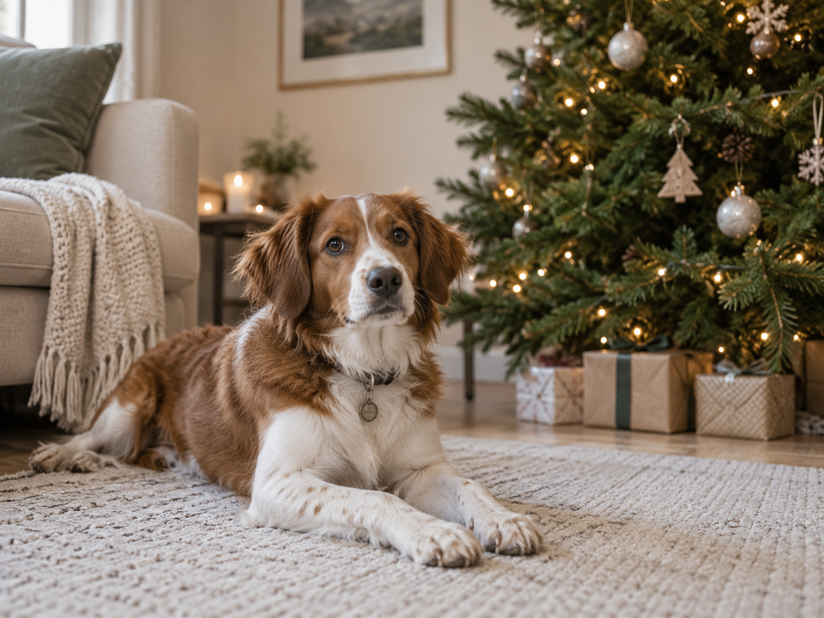 Brown and white dog resting beside a naturally decorated Christmas tree