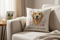 Custom pet photo memorial pillow with golden retriever portrait on a cozy sofa – personalized keepsake by PetArtHaus