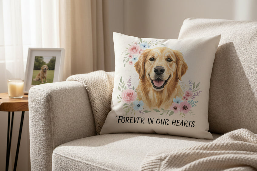 Custom pet photo memorial pillow with golden retriever portrait on a cozy sofa – personalized keepsake by PetArtHaus