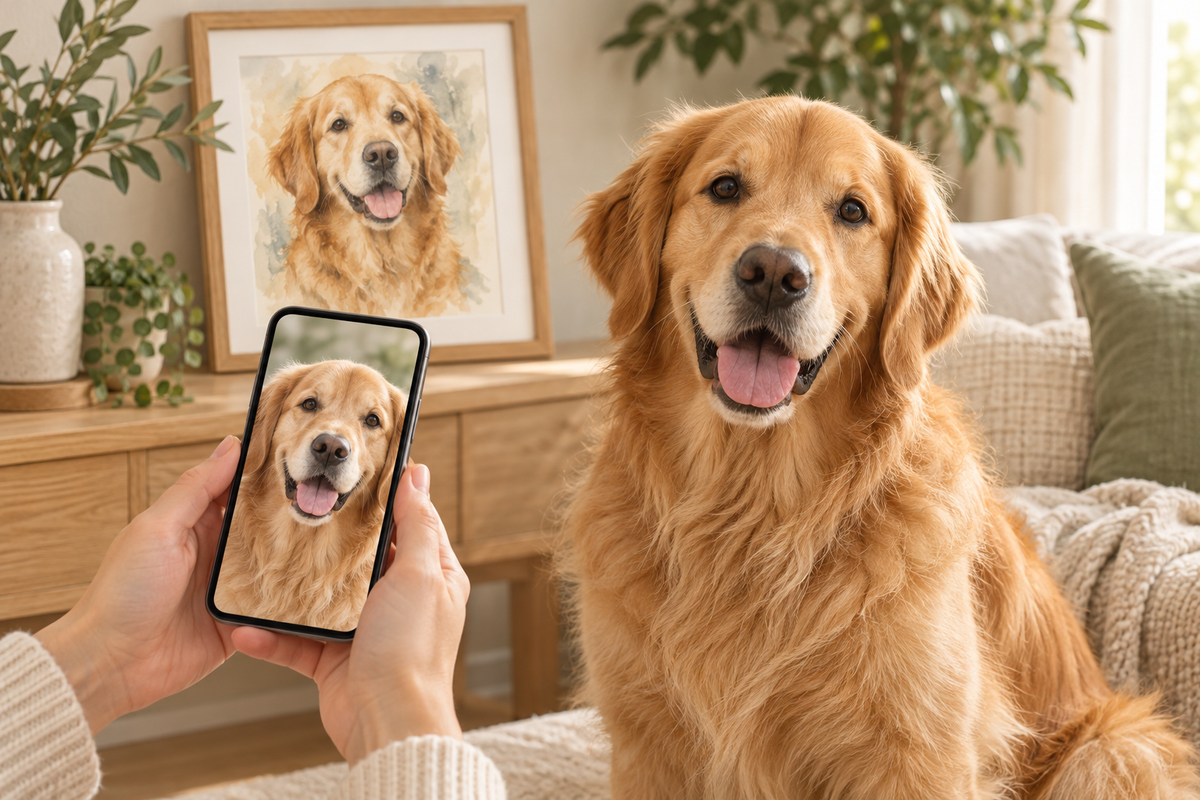 Illustration of a golden retriever beside a phone displaying its photo and a framed watercolor-style pet portrait.