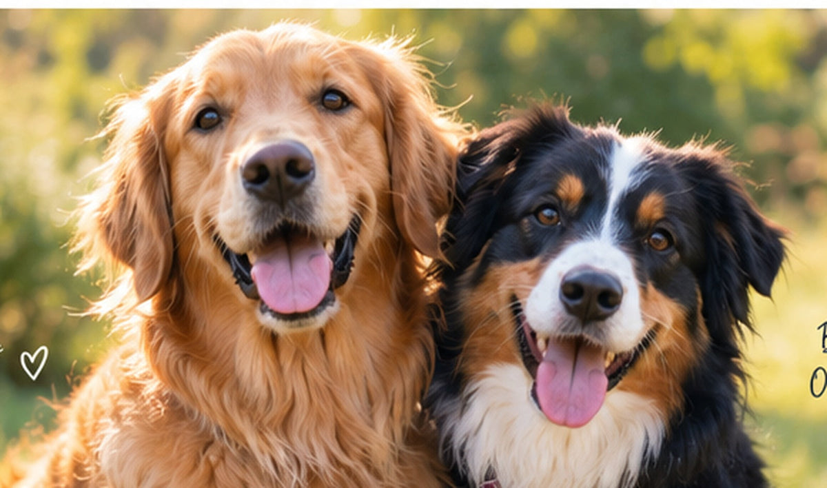 Two dogs sitting together outdoors and looking toward the camera in soft natural light