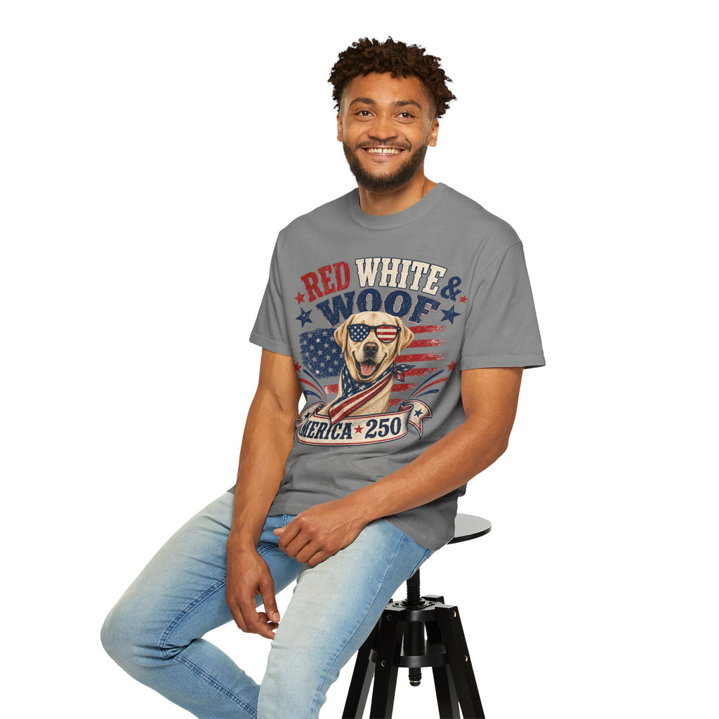 Red White & Woof America 250 Dog Patriotic T-Shirt | Flag Puppy Tee