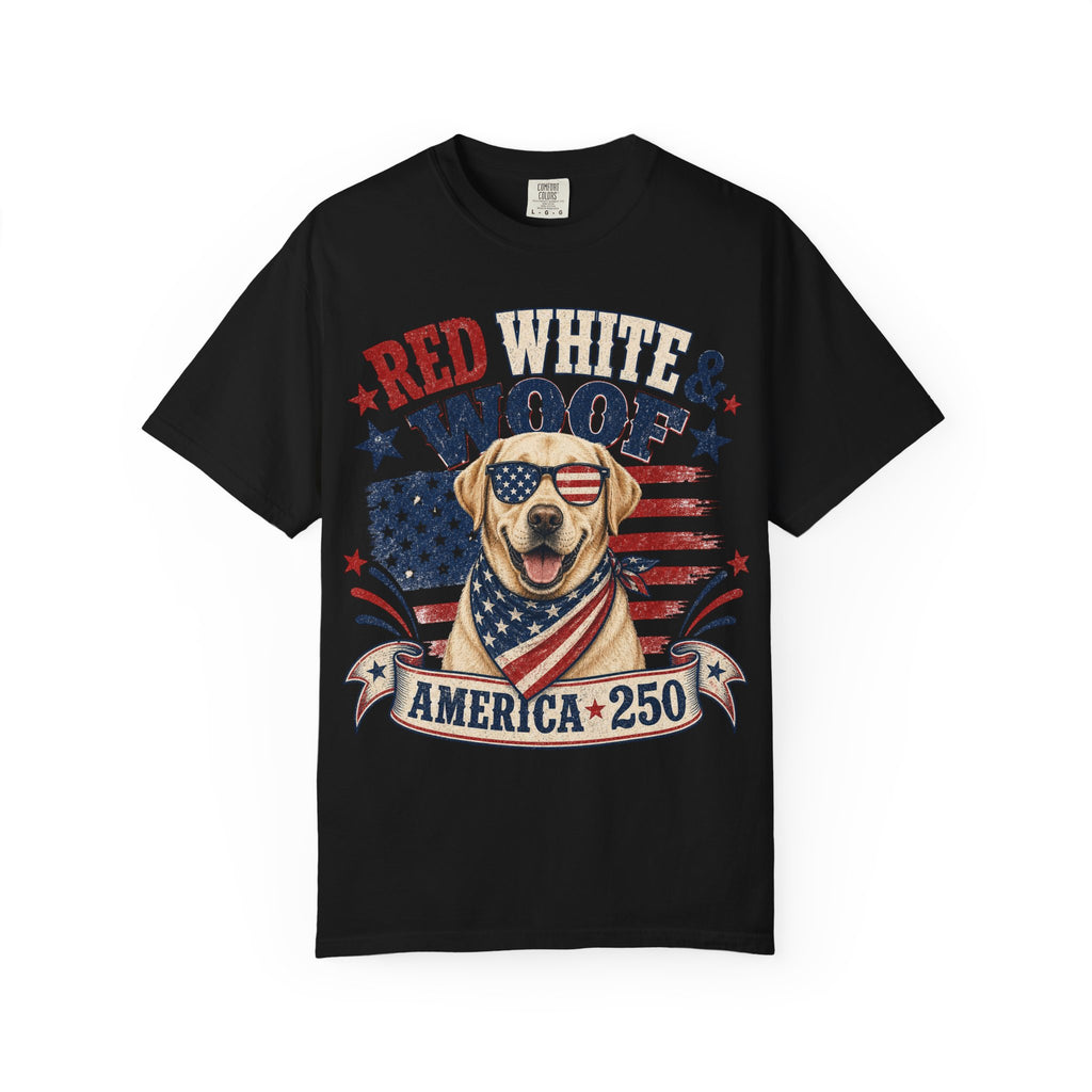 Red White & Woof America 250 Dog Patriotic T-Shirt | Flag Puppy Tee