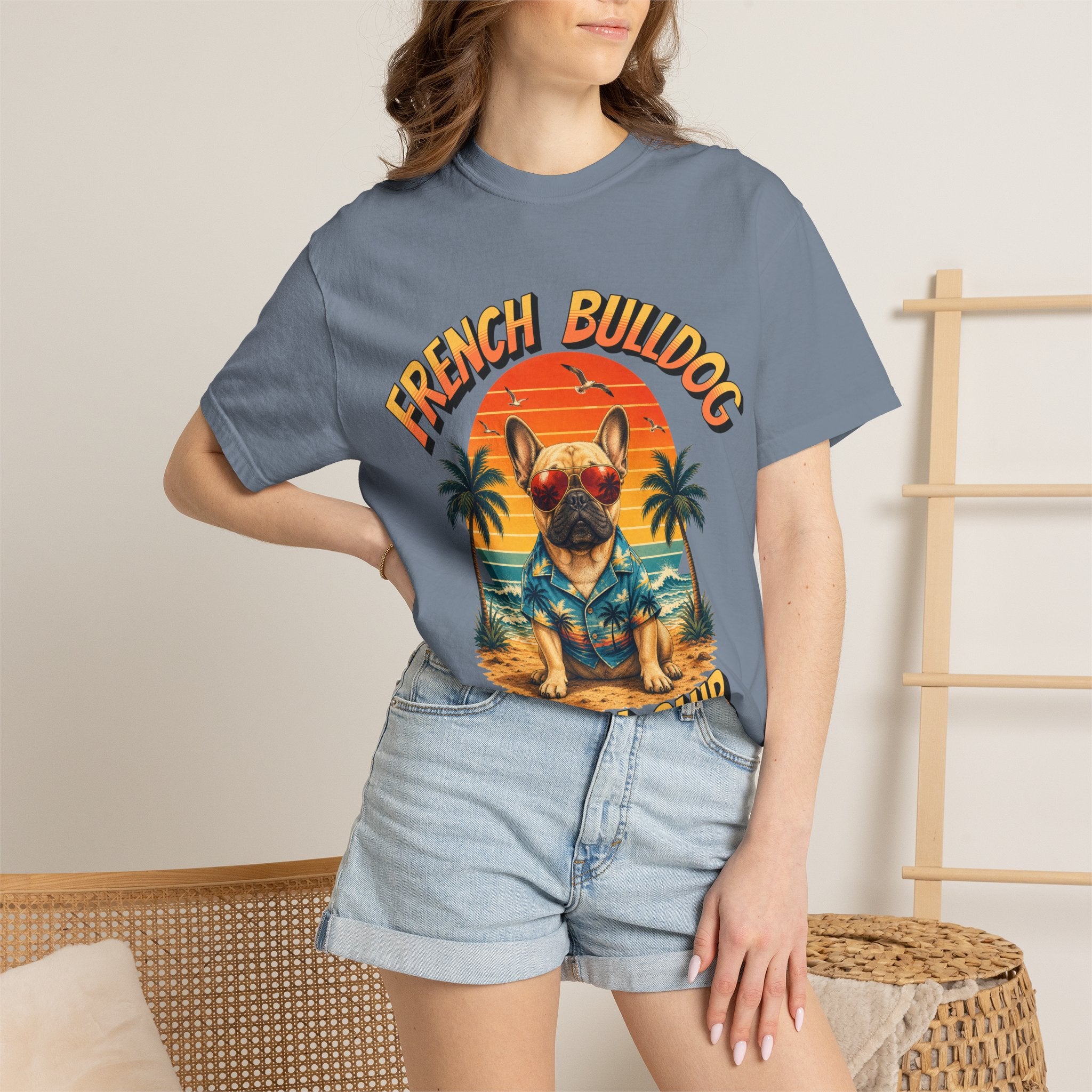 French Bulldog Beach Club T-Shirt — Retro Tropical Dog Tee