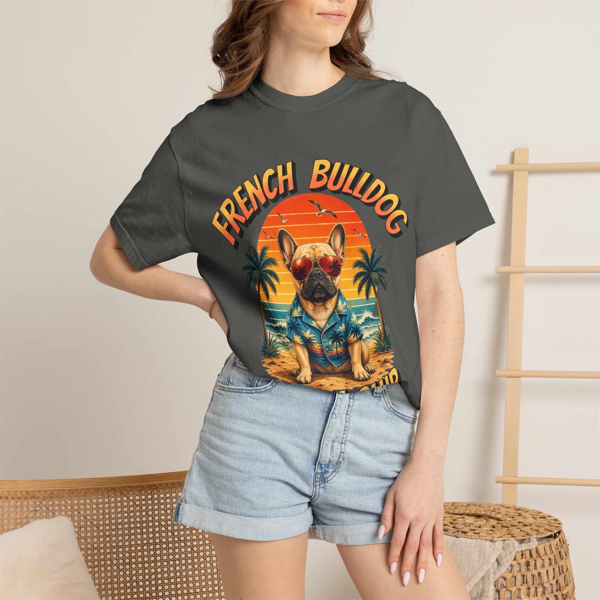 French Bulldog Beach Club T-Shirt — Retro Tropical Dog Tee