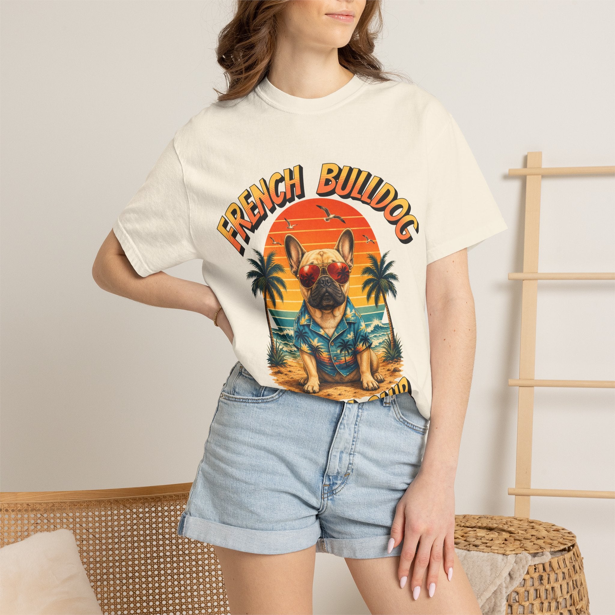 French Bulldog Beach Club T-Shirt — Retro Tropical Dog Tee