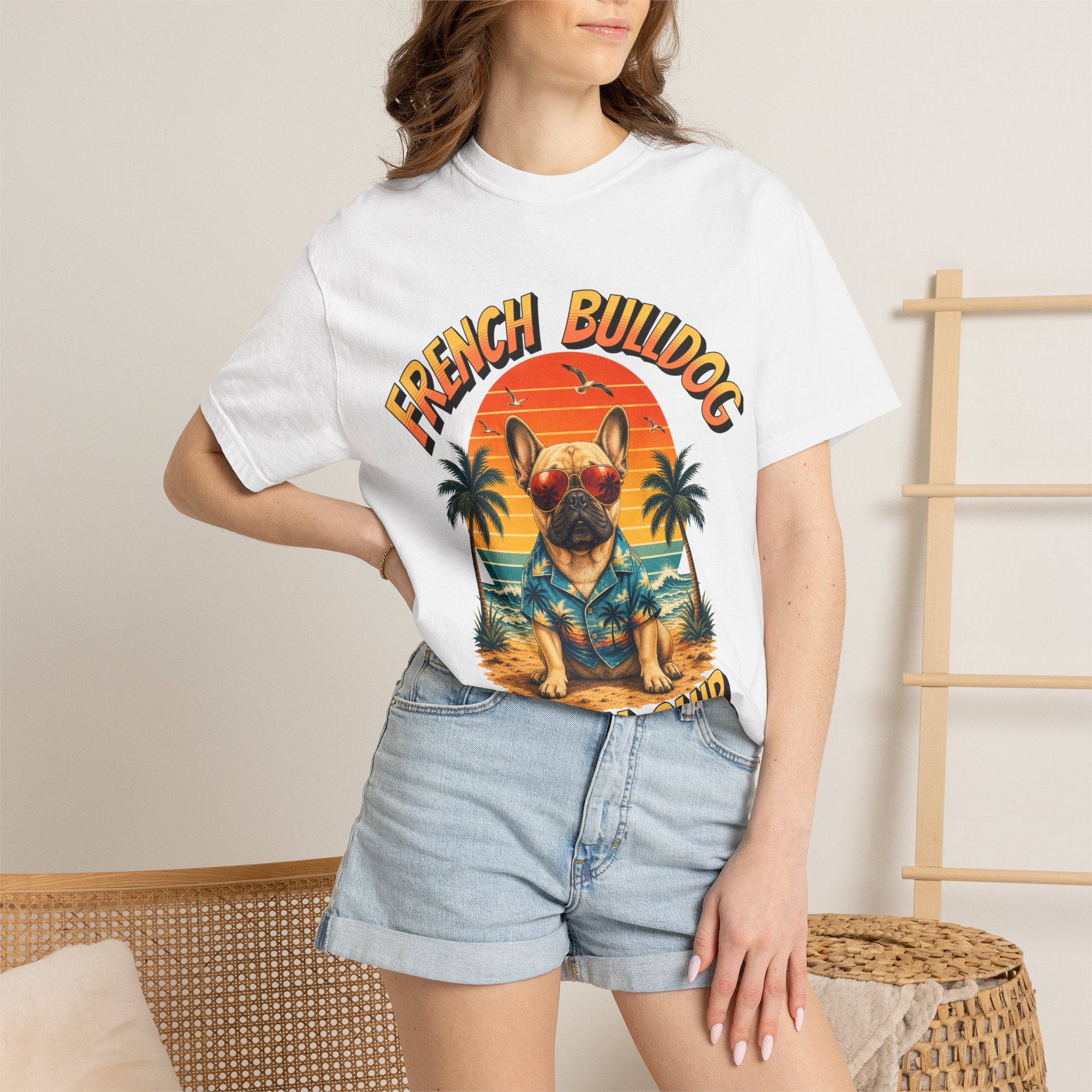 French Bulldog Beach Club T-Shirt — Retro Tropical Dog Tee