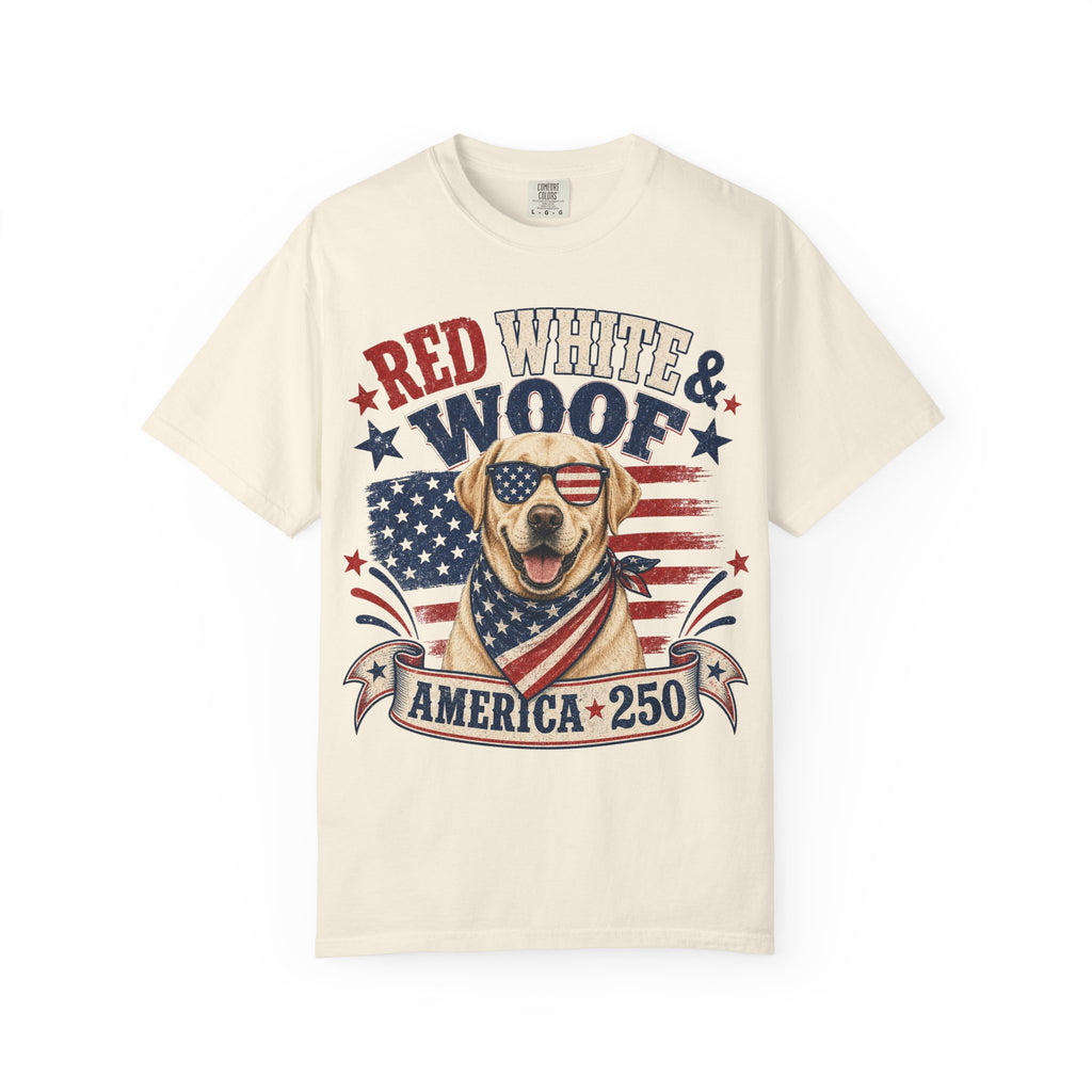 Red White & Woof America 250 Dog Patriotic T-Shirt | Flag Puppy Tee