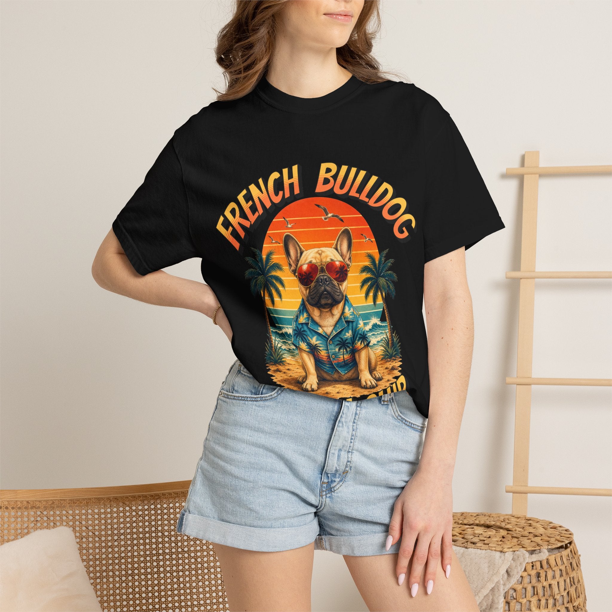 French Bulldog Beach Club T-Shirt — Retro Tropical Dog Tee