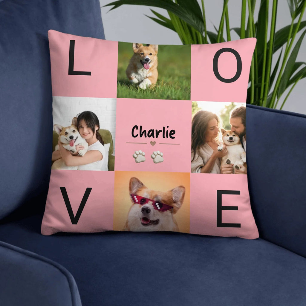 Personalized LOVE pet photo collage pillow on a sofa