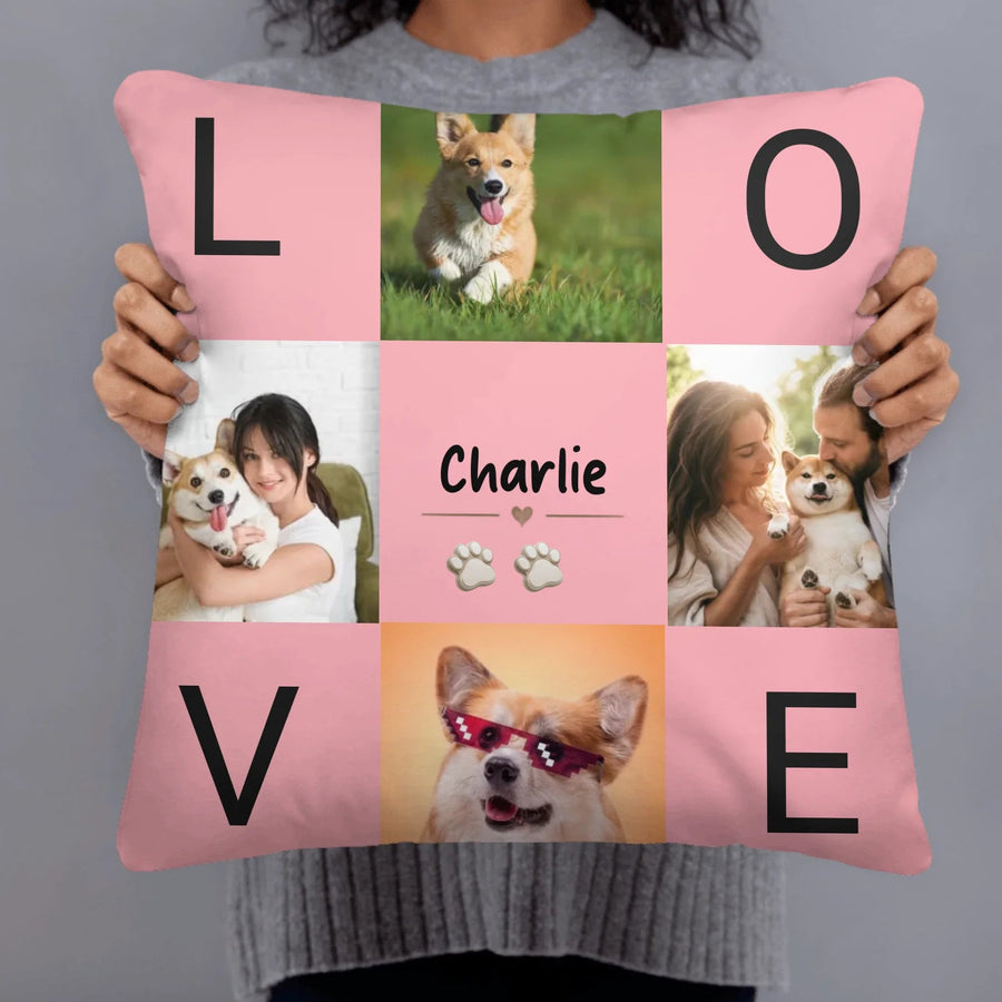 Personalized pet photo collage pillow with multiple dog pictures