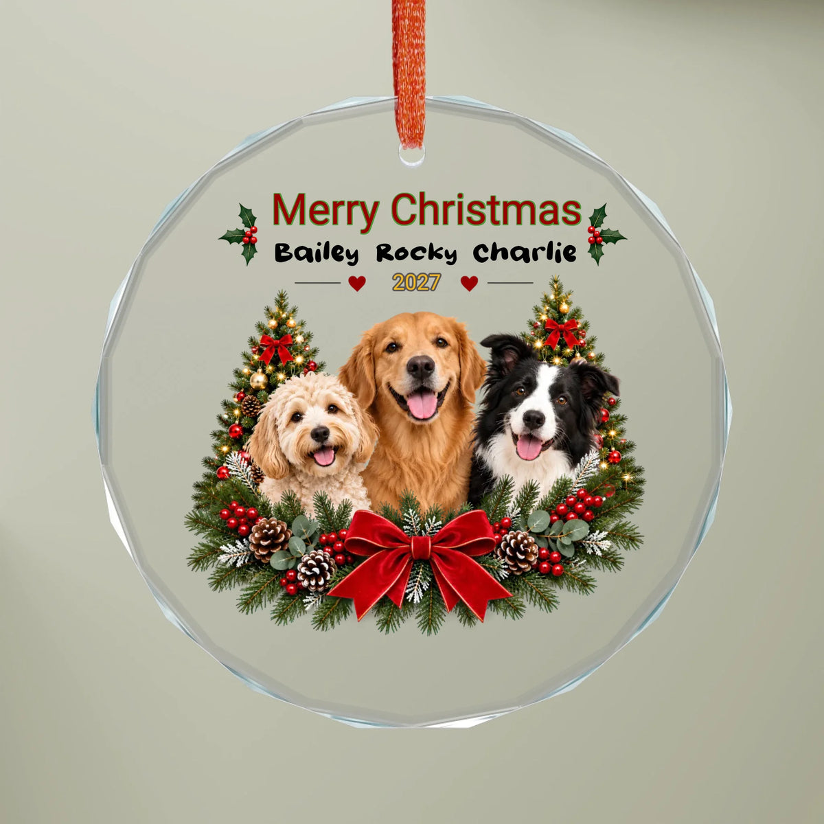 Personalized 3 Pet Christmas Glass Ornament - Custom Photo Keepsake