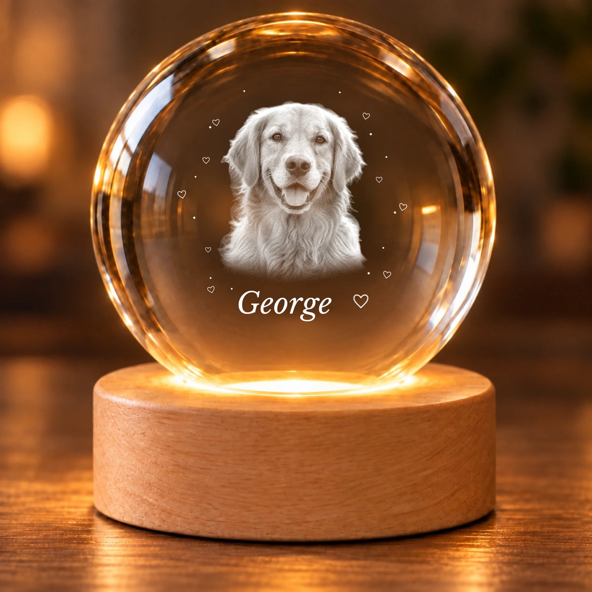 Close-up personalized pet crystal ball with plain wooden LED base