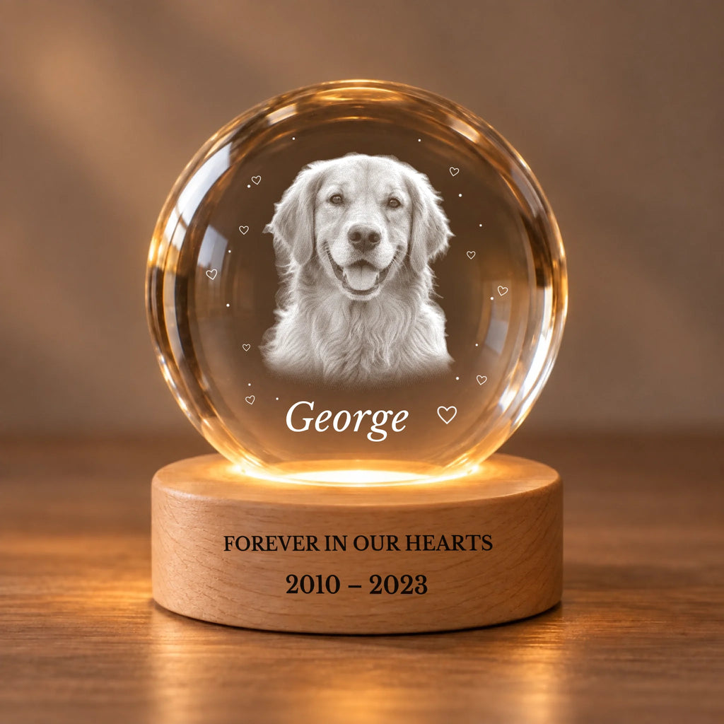 Personalized pet memorial crystal ball on warm LED wooden base