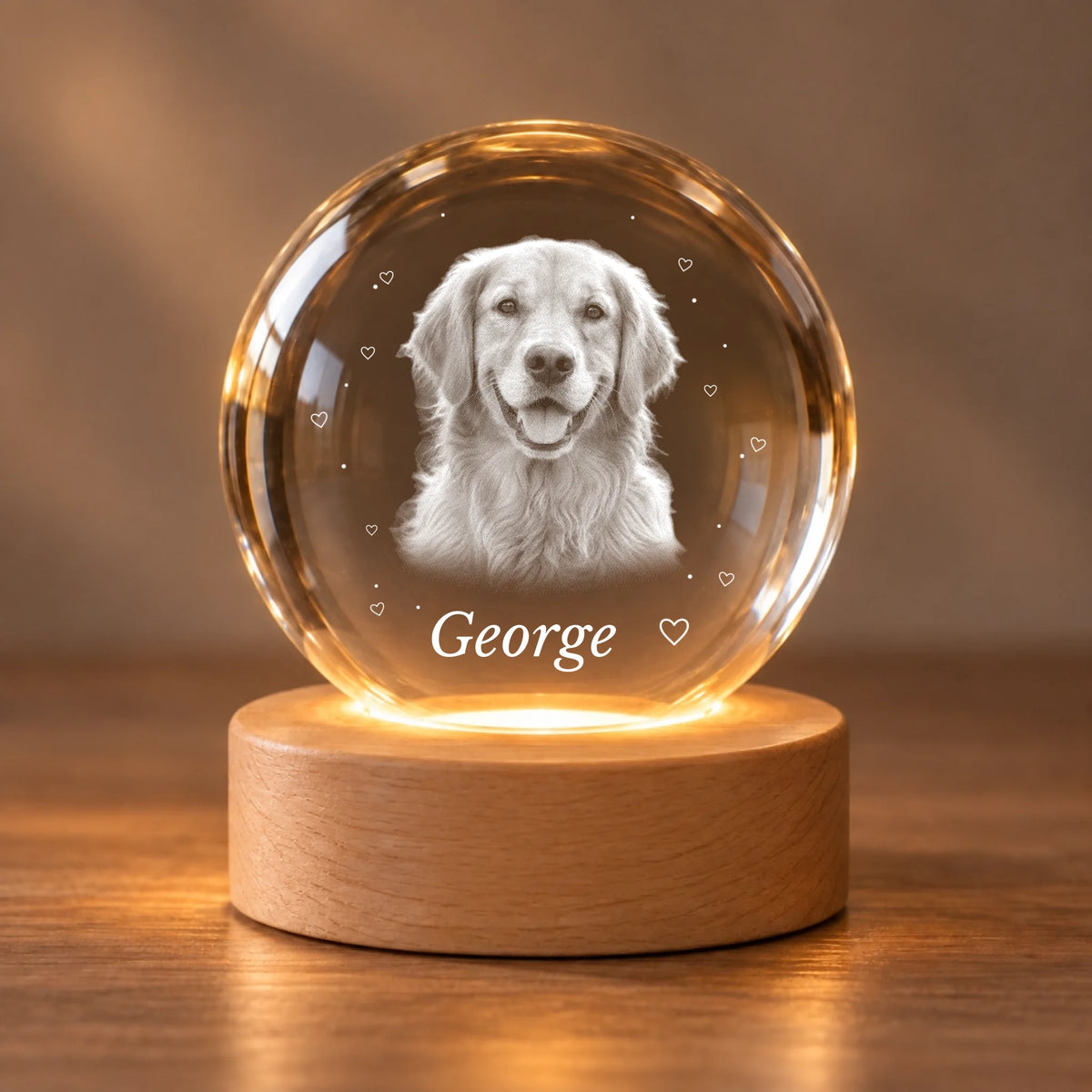 Personalized pet crystal ball with plain wooden base