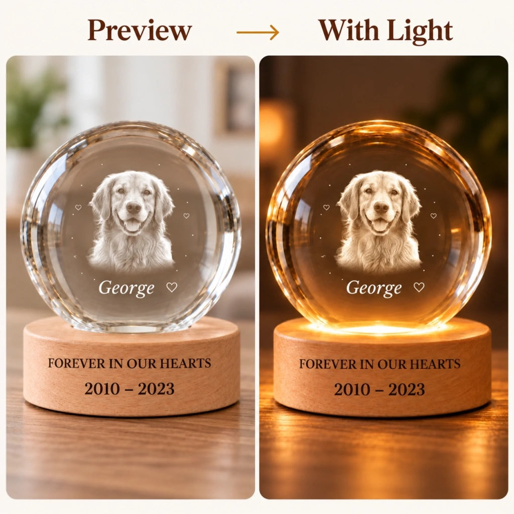 Pet memorial crystal ball preview and warm lighting comparison