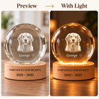 Pet memorial crystal ball preview and warm lighting comparison