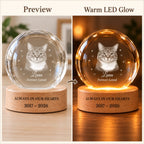 Cat memorial crystal ball preview and warm LED glow comparison