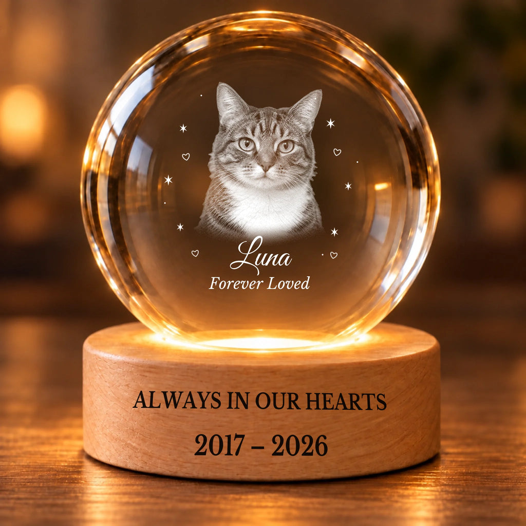 Personalized cat memorial crystal ball with engraved wooden LED base