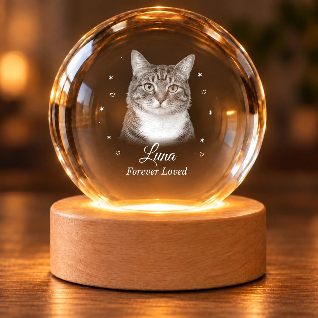 Personalized cat crystal ball with plain wooden LED base