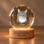 Cat memorial crystal ball with warm LED light and engraved base