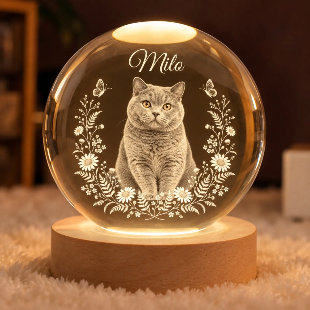 Personalized cat memorial crystal globe with Milo portrait, flowers and warm LED light