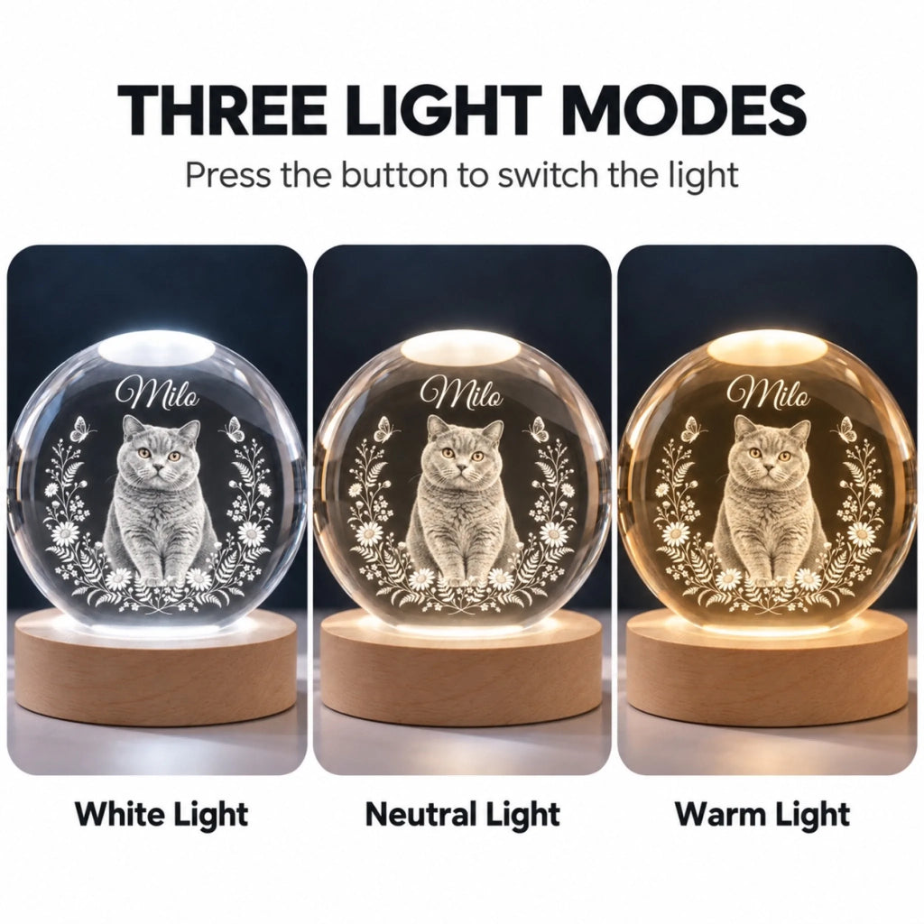 White, neutral and warm light modes on the personalized Milo crystal globe