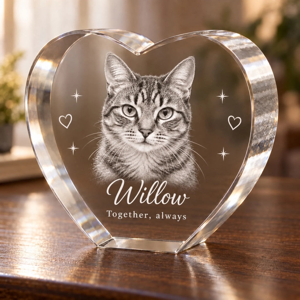 Engraved cat crystal heart without LED base