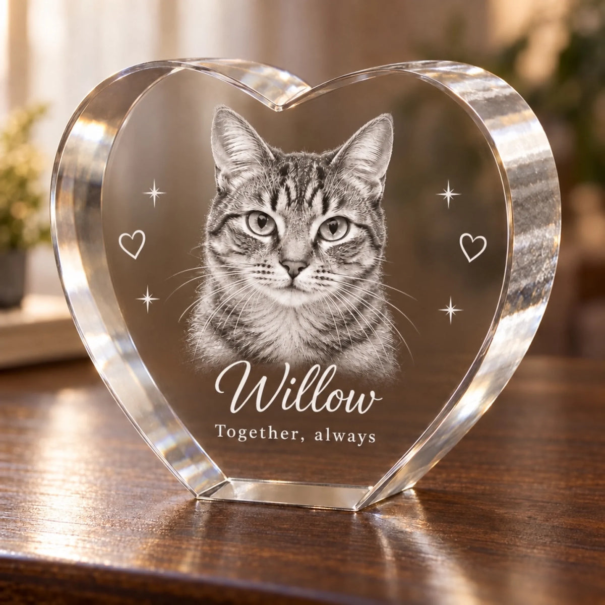 Engraved cat crystal heart without LED base