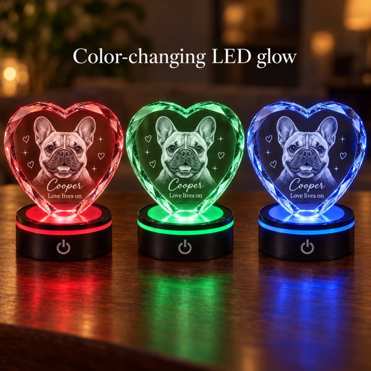 Red, green and blue LED illumination on the engraved Cooper crystal heart