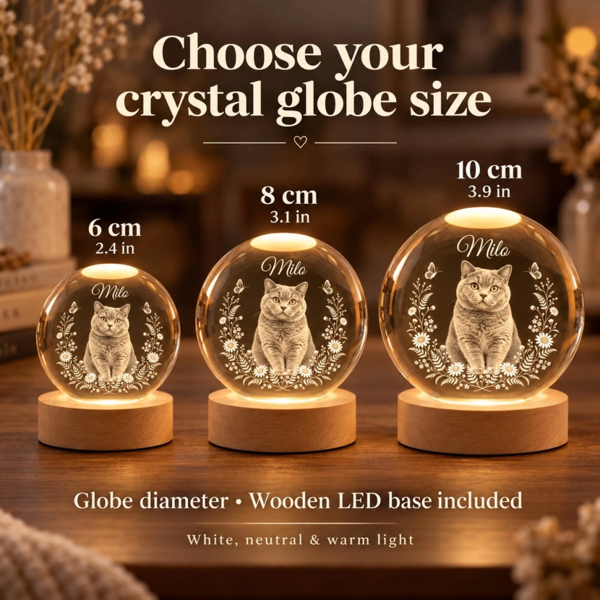 Crystal globe diameter comparison: 6 cm (2.4 in), 8 cm (3.1 in), 10 cm (3.9 in), with wooden LED base