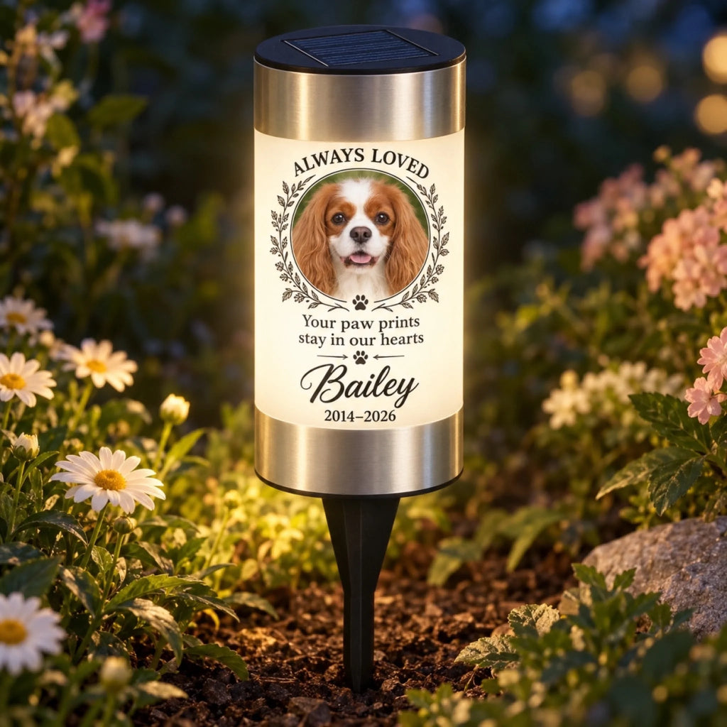 Personalized printed pet memorial solar garden light with Bailey portrait at dusk