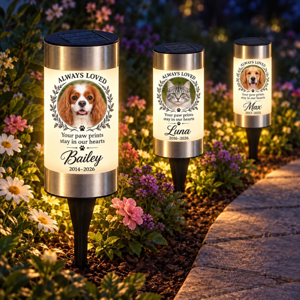 Bailey, Luna and Max personalized solar garden lights beside a path at night; each sold individually