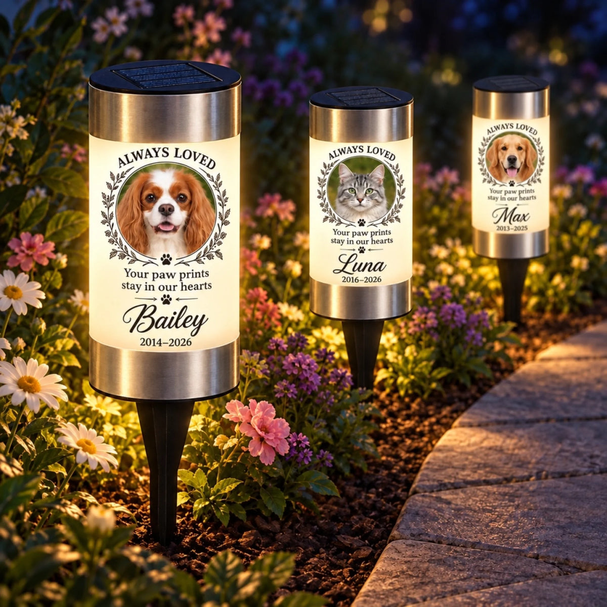 Bailey, Luna and Max personalized solar garden lights beside a path at night; each sold individually