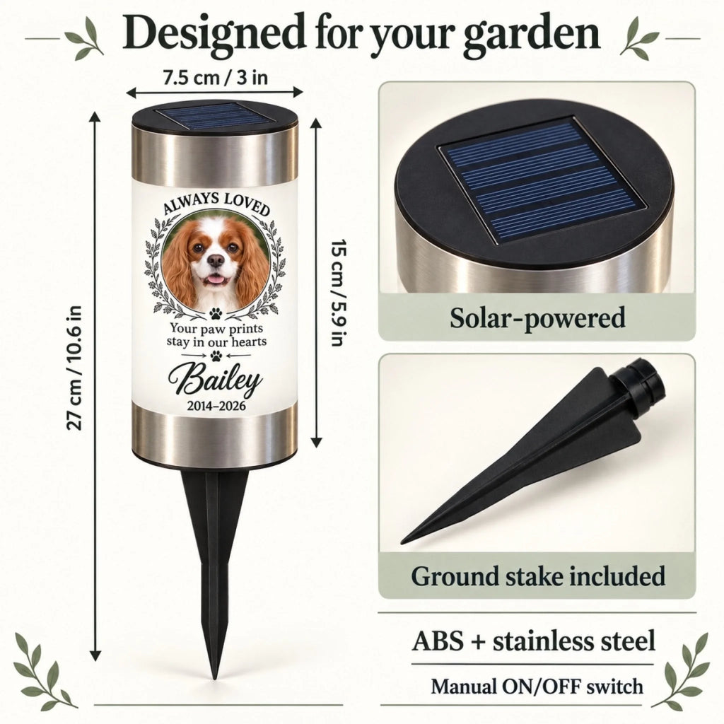 Solar garden light dimensions: 27 cm total height, 7.5 cm diameter, solar panel and ground stake