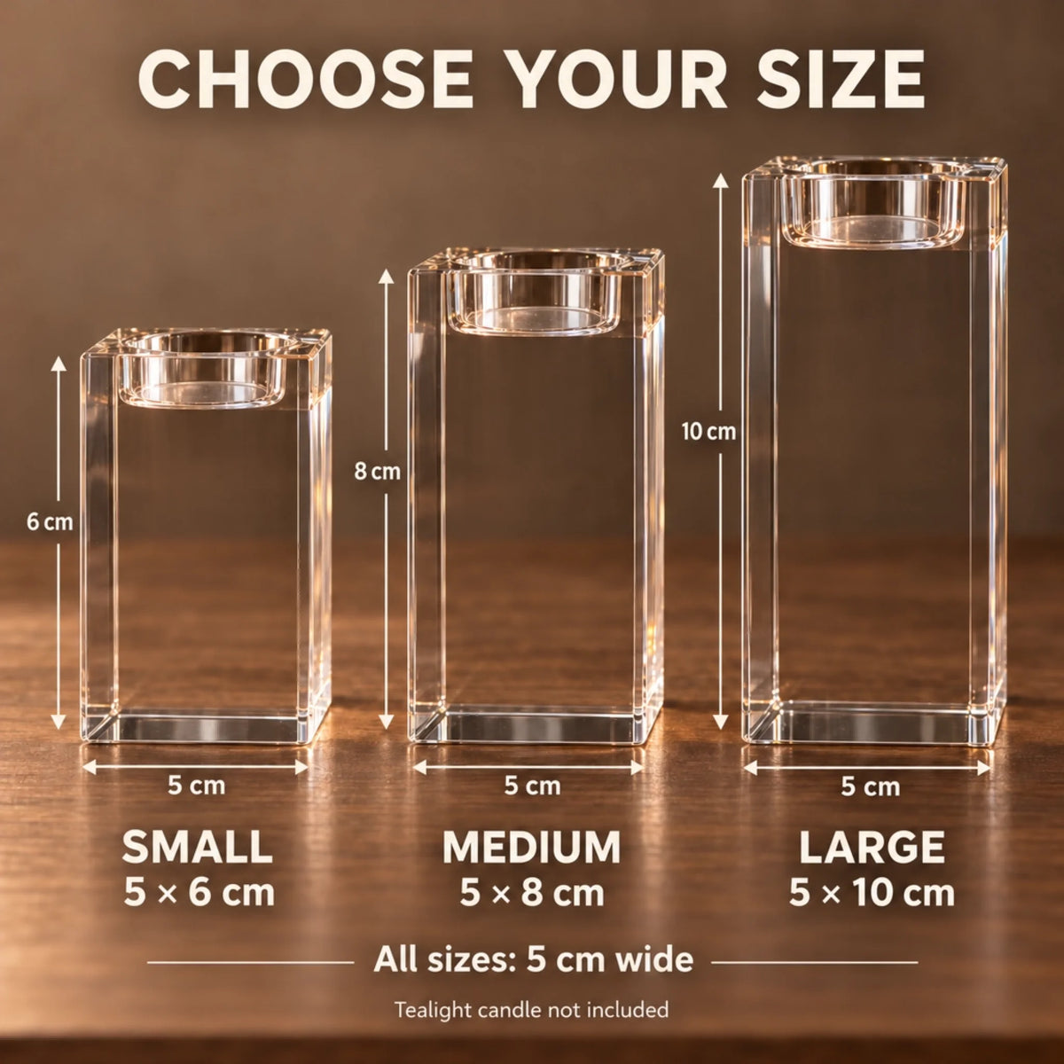 Clean crystal candle holder size guide — 5×6, 5×8 and 5×10 cm
