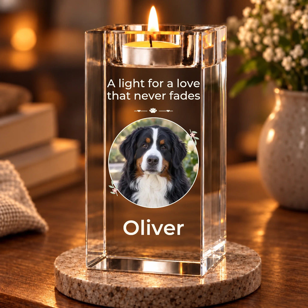 Live personalized crystal candle holder — warm closeup