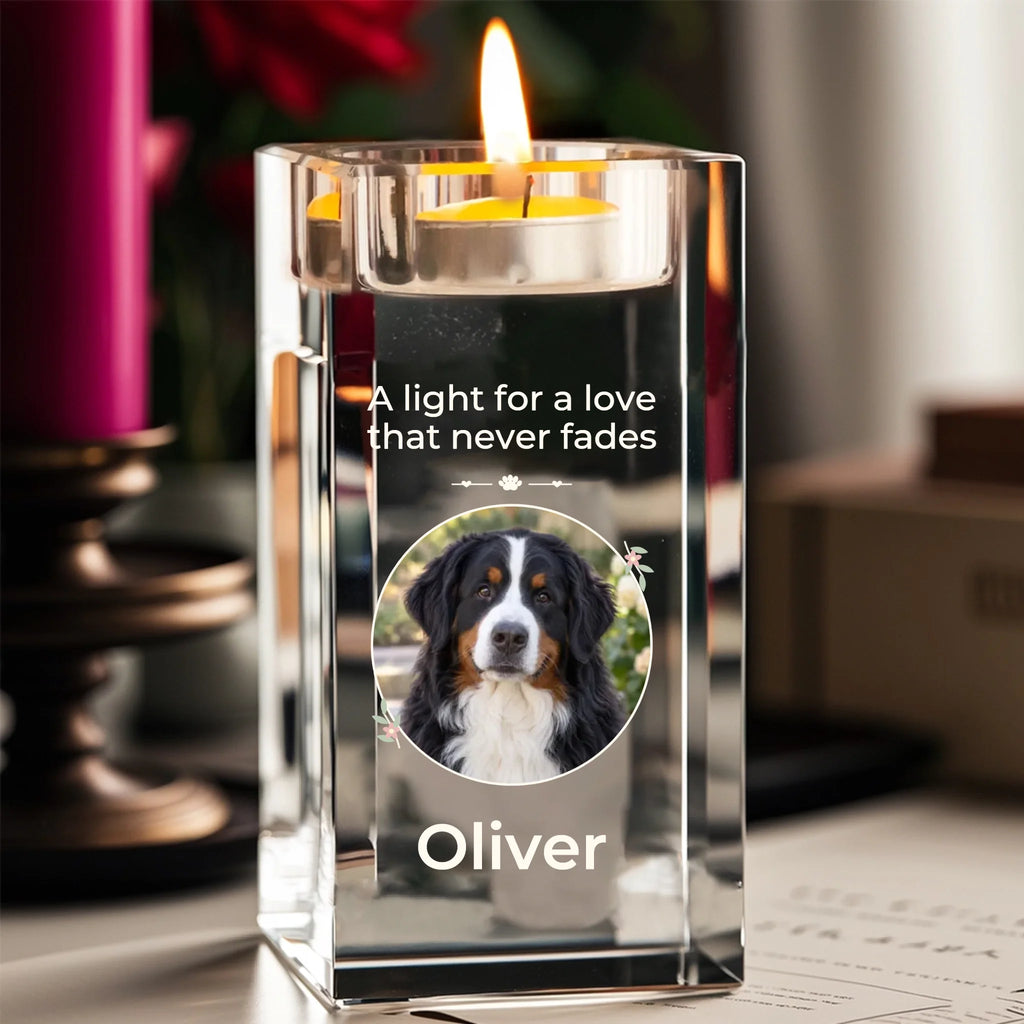 Live personalized crystal candle holder — photo, name and optional years