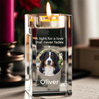 Live personalized crystal candle holder — photo, name and optional years