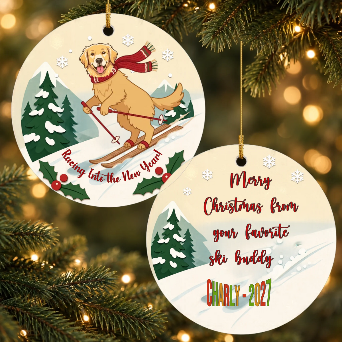 Square view of personalized ornament: front upper left and back lower right
