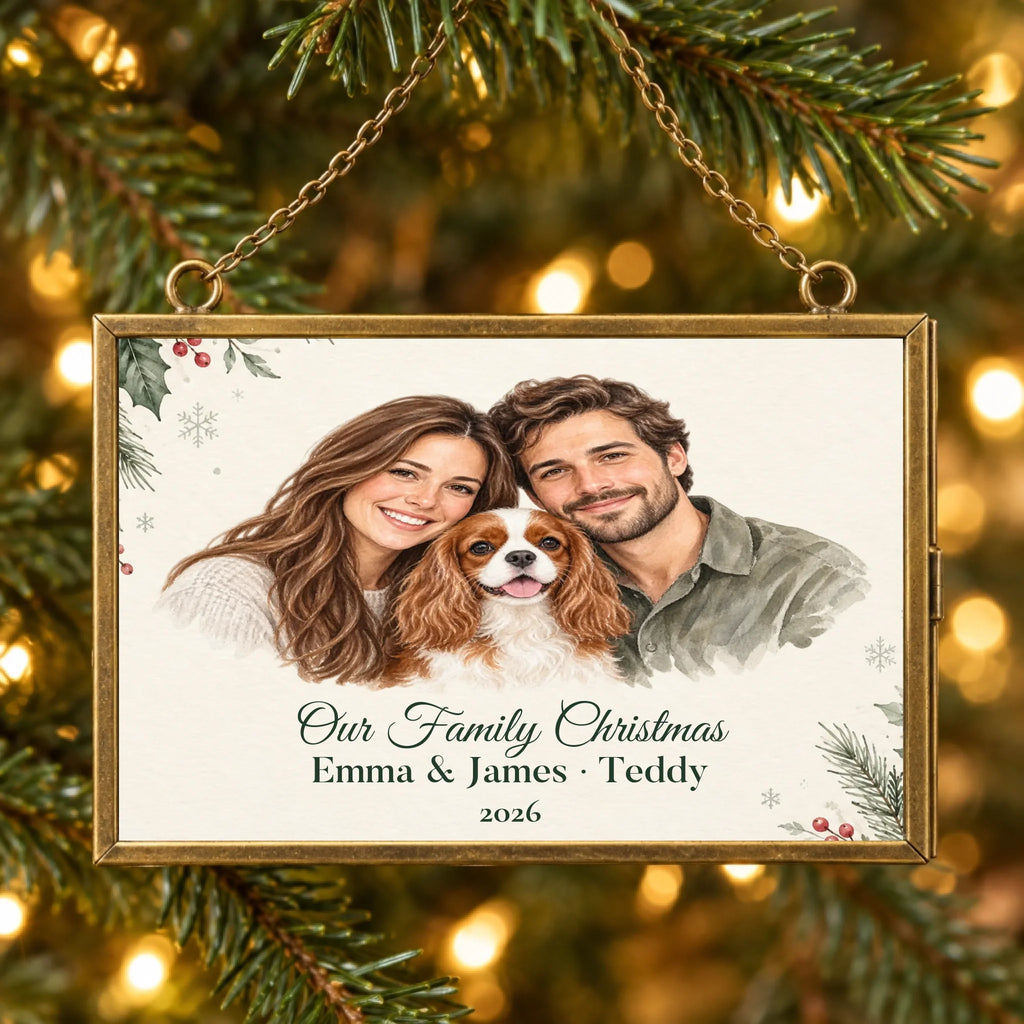 Personalized Horizontal family and pet watercolor brass ornament hanging on a Christmas tree