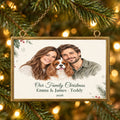 Personalized Horizontal family and pet watercolor brass ornament hanging on a Christmas tree
