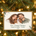 Personalized Horizontal family and pet watercolor brass ornament hanging on a Christmas tree