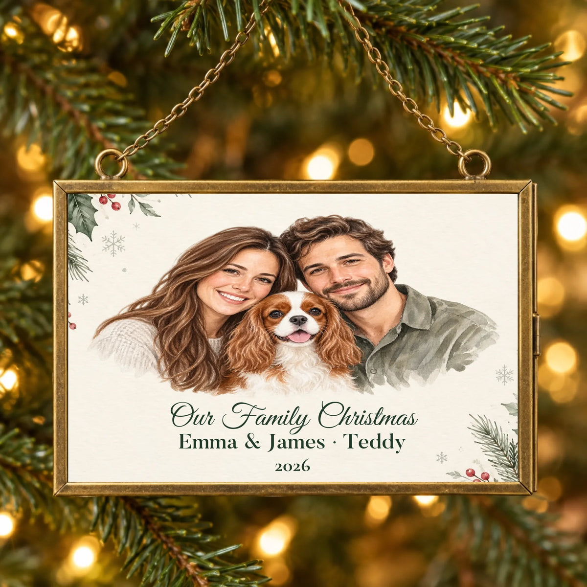 Personalized Horizontal family and pet watercolor brass ornament hanging on a Christmas tree