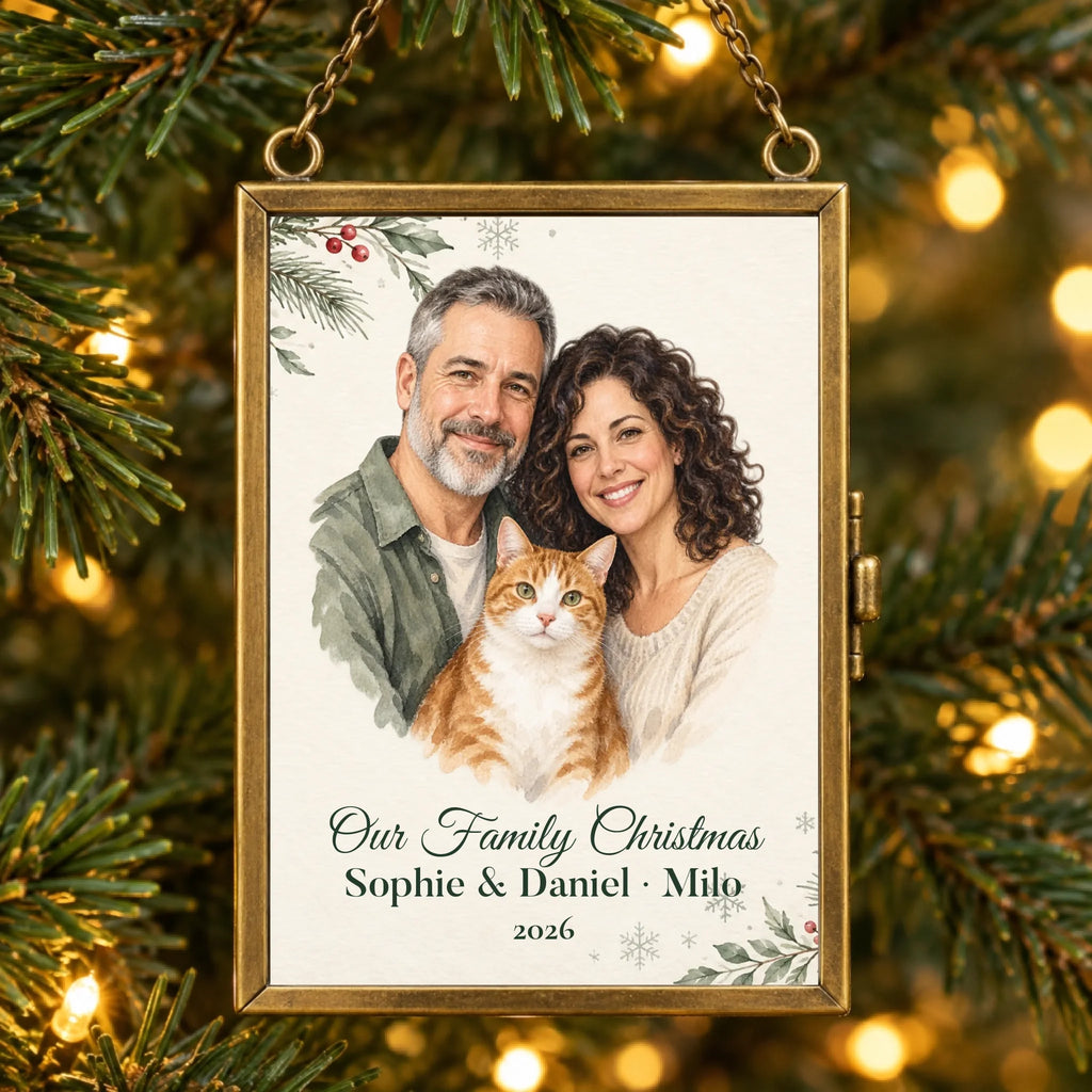 Personalized Vertical family and pet watercolor brass ornament hanging on a Christmas tree