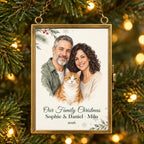 Personalized Vertical family and pet watercolor brass ornament hanging on a Christmas tree