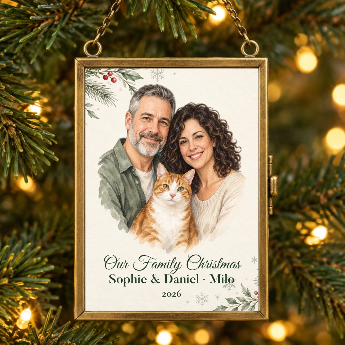 Personalized Vertical family and pet watercolor brass ornament hanging on a Christmas tree