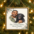 Personalized Square family and pet watercolor brass ornament hanging on a Christmas tree