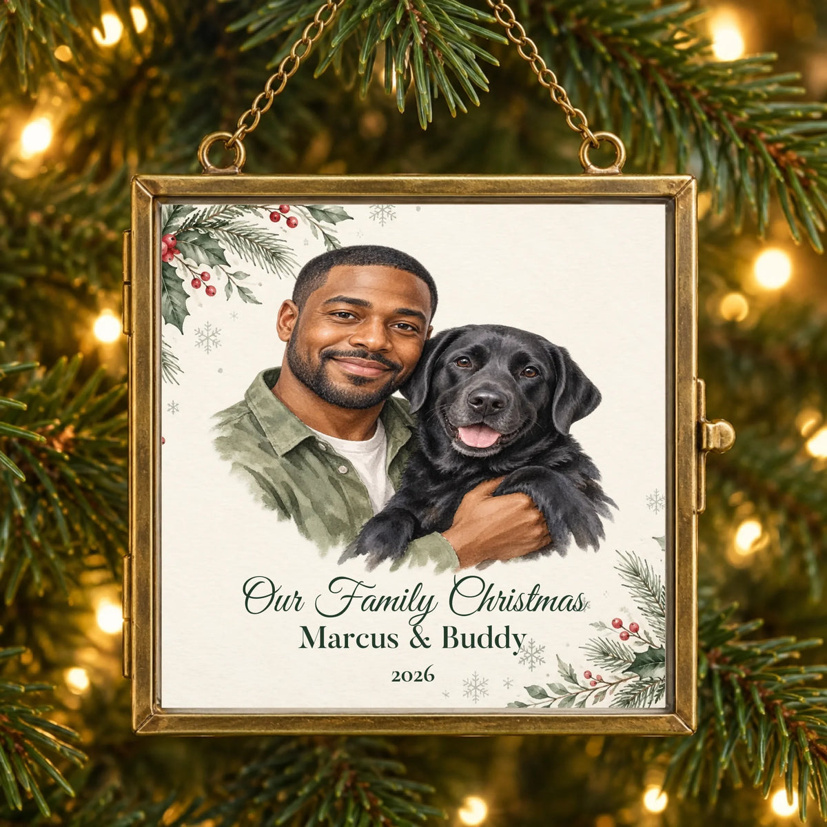 Personalized Square family and pet watercolor brass ornament hanging on a Christmas tree